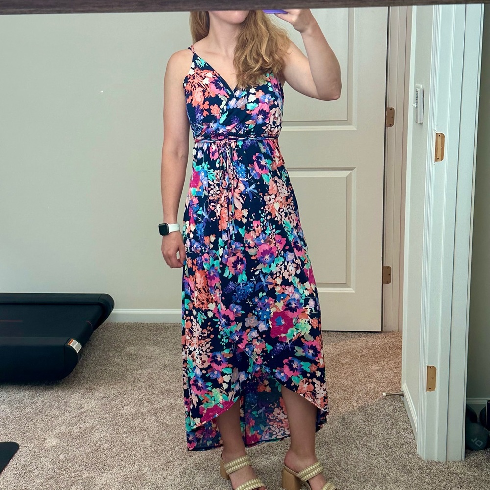 Size Small multicolor floral wrap high-low dress